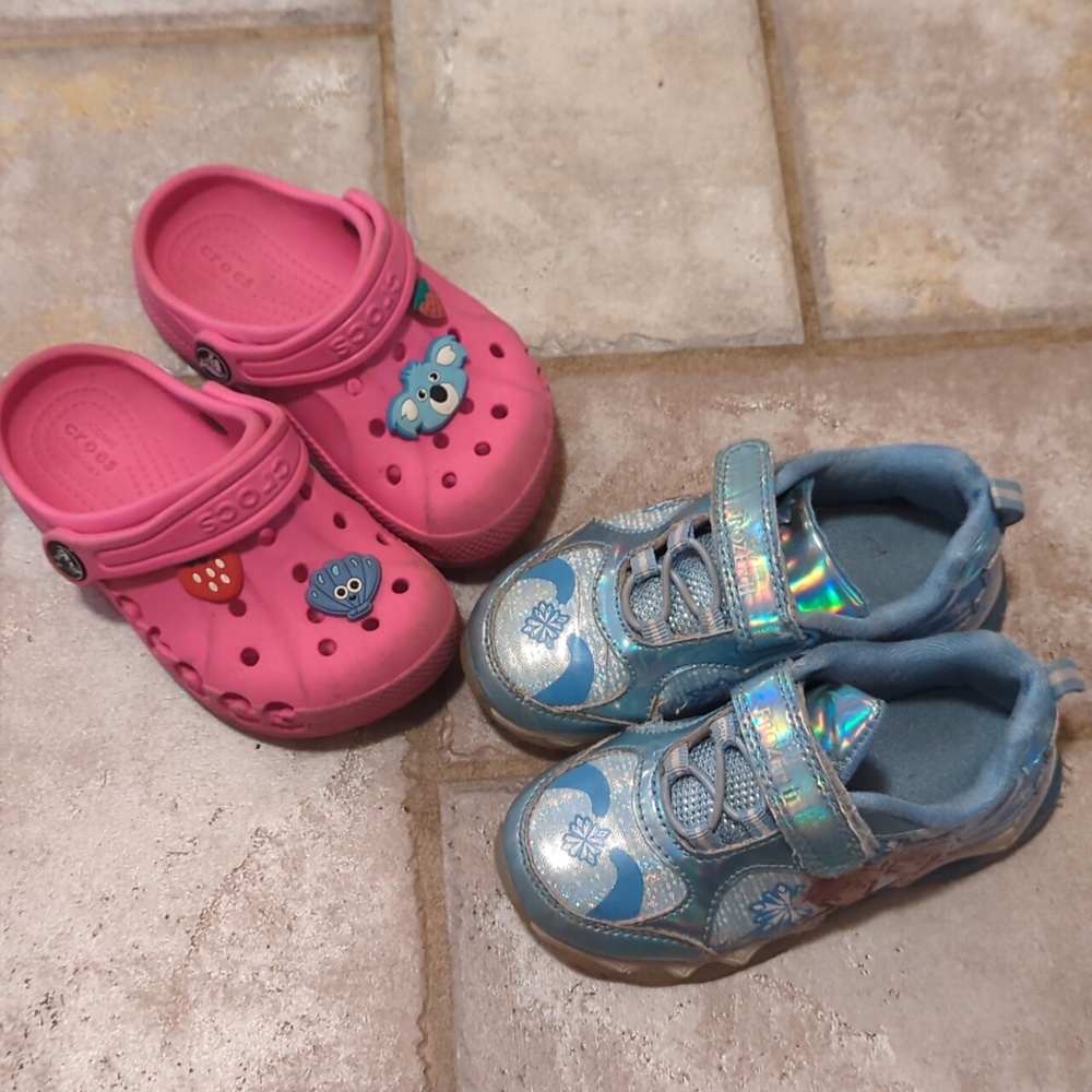 2 Pairs Little Girls Shoes, Crocs and Frozen Light-Ups, Size 9